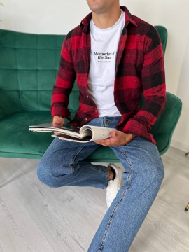 Стильная теплая рубашка в крупную красную клетку Р-1334